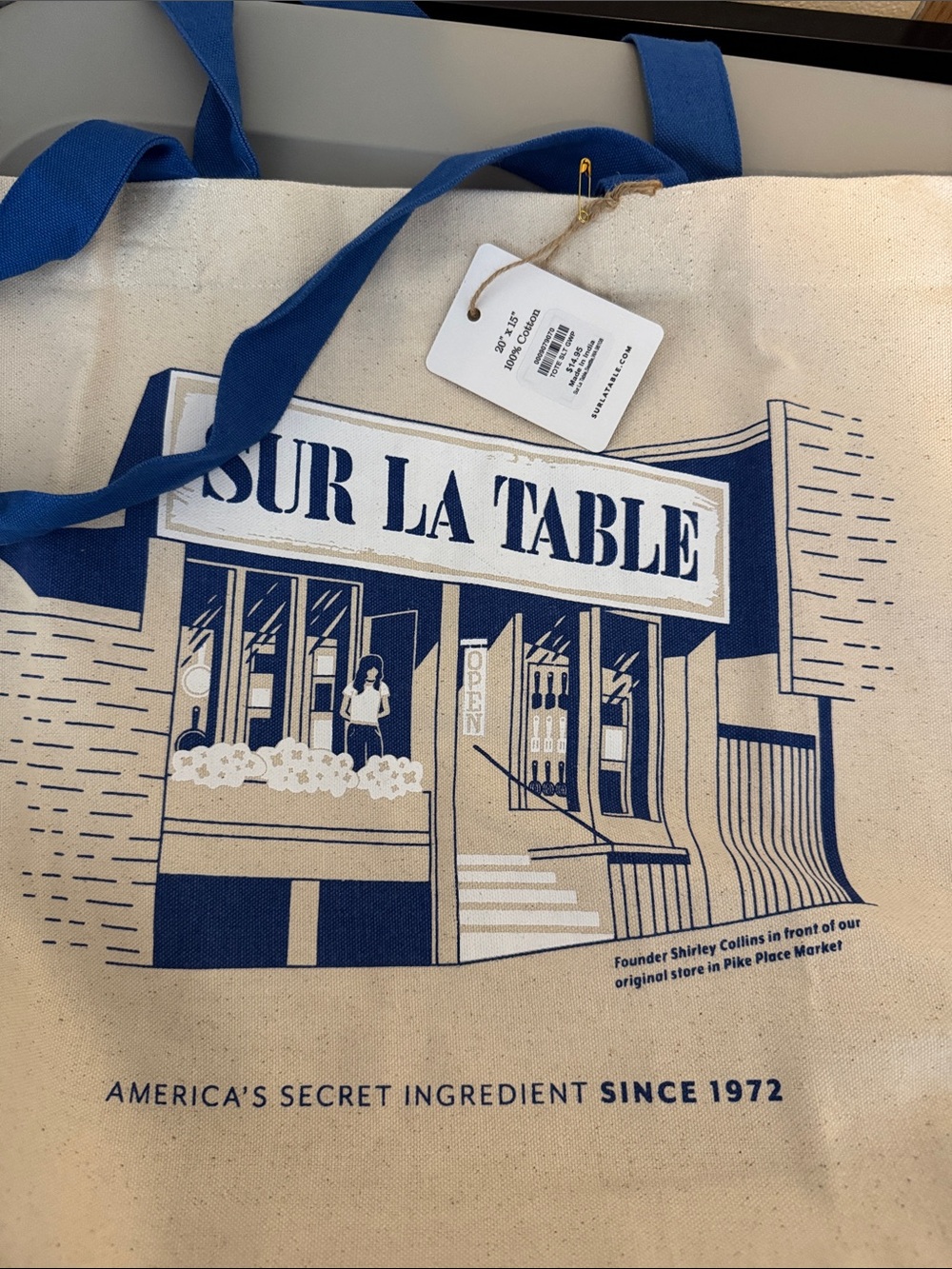Sur La Table Cream Canvas Tote with Blue Graphic and Straps